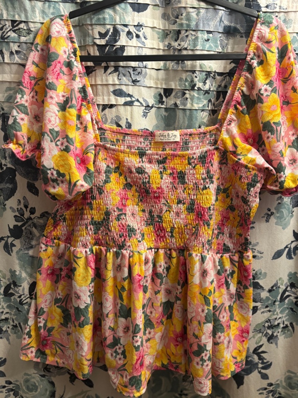 Joie & Joy 2X Floral Smocked Peplum Top - Pink & Yellow